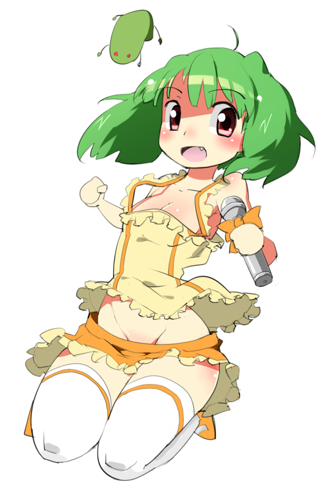 ahoge brown_eyes comcom fang green_hair groin macross macross_frontier no_panties panties ranka_lee short_hair solo thighhighs underwear white_panties