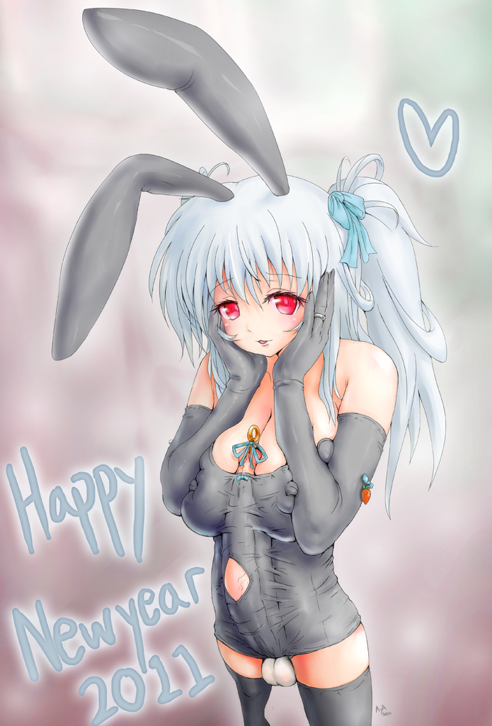 1girl 2011 animal_ears aya_(thon2hk) balls breasts bulge bunny cameltail carrot cleavage ears elbow_gloves futanari gloves hair_ribbon huge_penis large_breasts new_year new_years penis ponytail red_eyes ribbon side_ponytail testicles thighhighs twintails urethral_insertion urethral_penetration white_hair