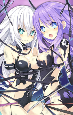 2girls bdsm black_heart blue_eyes blush bondage bound breasts choujigen_game_neptune compile_heart green_eyes idea_factory lowres multiple_girls neptune_(choujigen_game_neptune) neptune_(series) noire purple_hair purple_heart silver_hair torn_clothes wire