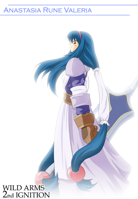 anastasia_valeria apron argetlahm armor armored_dress blue_hair character_name copyright_name dress g-dash hair_ornament hairband hairpin long_hair low-tied_long_hair pauldrons red_eyes red_hairband sidelocks simple_background solo sword twintails very_long_hair weapon white_background wild_arms wild_arms_2