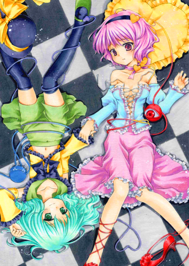 aqua_hair bad_id bad_pixiv_id bare_shoulders black_legwear blush breasts checkered checkered_floor cleavage eyeball frilled_pillow frills from_above funnyfunny green_eyes green_hair hairband hat hat_removed headwear_removed heart heart_pillow high_heels holding_hands komeiji_koishi komeiji_satori lying marker_(medium) midriff multiple_girls navel off_shoulder on_back open_mouth pillow pink_eyes purple_hair shoes short_hair siblings single_shoe sisters small_breasts smile thighhighs third_eye touhou traditional_media
