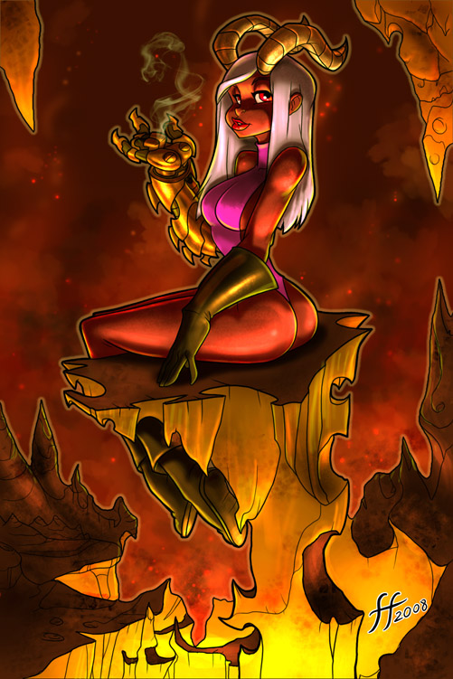 14-bis cliff demon female fernando_faria fire gauntlet looking_at_viewer red smoke