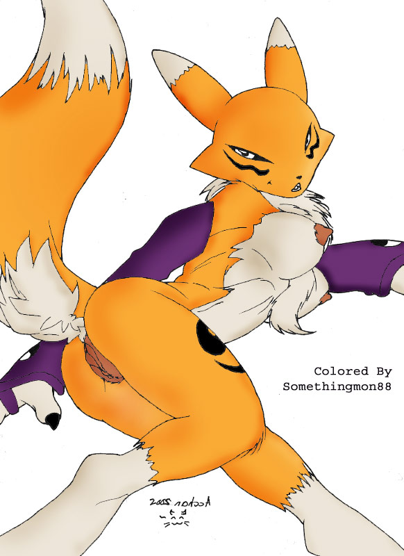 black_eyes breasts canine claws digimon female fox gloves looking_at_viewer pussy raised_tail renamon solo somethingmon88 standing tail unknown_artist yellow