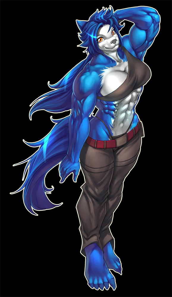 belt biceps big_breasts blue blue_fur blue_hair bokuman breasts canine clothing female fur hair halter_top hopey lupine mammal muscles muscular_female pants solo wolf