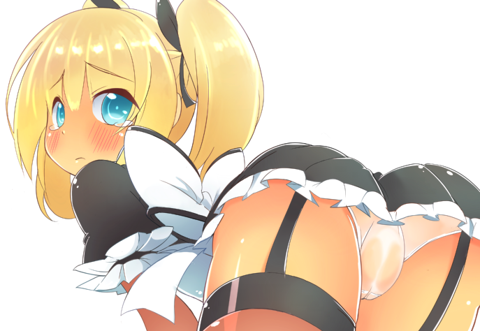 ass bad_id bad_pixiv_id beiruto bent_over blonde_hair blue_eyes blush fallout fallout_3 fallout_new_vegas fat_mons frown garter_straps looking_back maid owata-ko panties see-through simple_background solo tears thighhighs twintails underwear white_panties