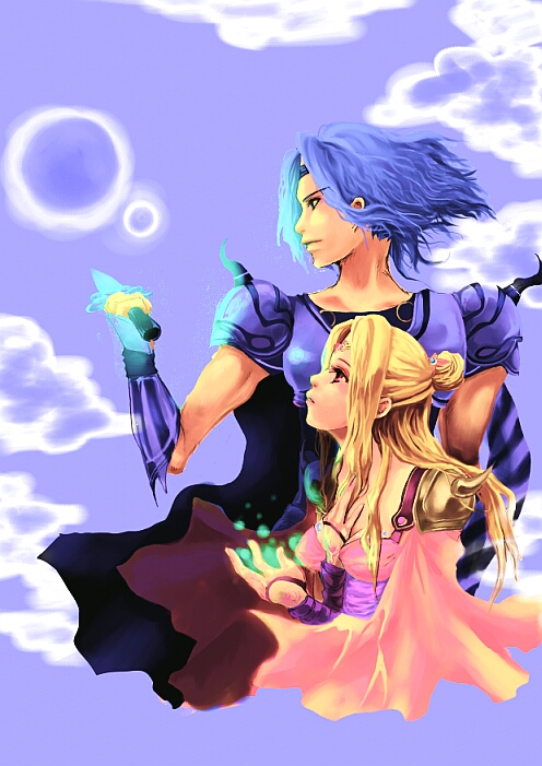 1boy 1girl armor blonde_hair blue_hair cape cecil_harvey couple female final_fantasy final_fantasy_iv flaba-trip hair_bun leotard long_hair magic male rosa_farrell sato_(pixiv2738244) short_hair shoulder_pads sword tiara weapon