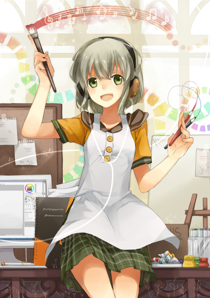apron art_brush asahikawa_hiyori beamed_sixteenth_notes colored_pencil dotted_eighth_note dotted_quarter_note easel eighth_note green_eyes green_hair headphones monitor musical_note notebook oekaki_musume original paint paintbrush pencil plaid plaid_skirt quarter_note school_uniform sixteenth_note skirt solo staff_(music) treble_clef