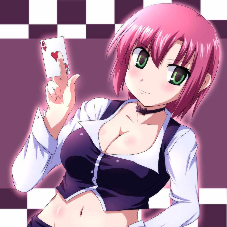 ace breasts card choker cleavage croupier dutch_angle green_eyes holding holding_card jun_(aoerm) large_breasts navel pink_hair playing_card rio_rollins solo super_blackjack