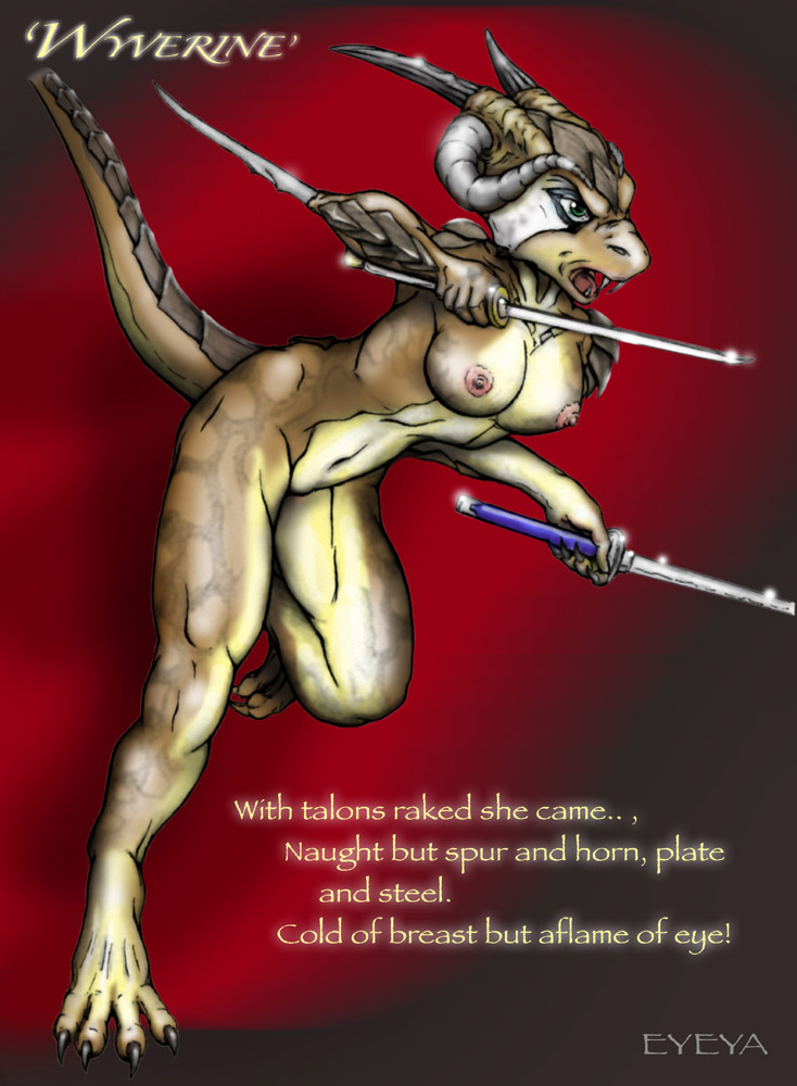 attack breasts brown dragon eyeya female horns katana nude poetry scalie solo wakizashi weapon
