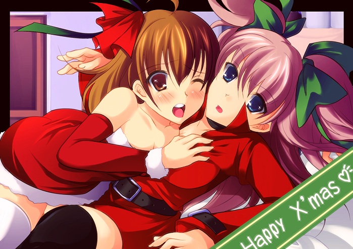 :o ahoge bare_shoulders belt black_border blue_eyes blush border breast_grab breasts brown_eyes brown_hair christmas enoo grabbing hair_ornament hair_ribbon hairpin long_hair medium_breasts multiple_girls open_mouth outside_border raquel_applegate ribbon santa_costume short_hair short_twintails skirt surprised thighhighs twintails two_side_up wild_arms wild_arms_4 yulie_ahtreide