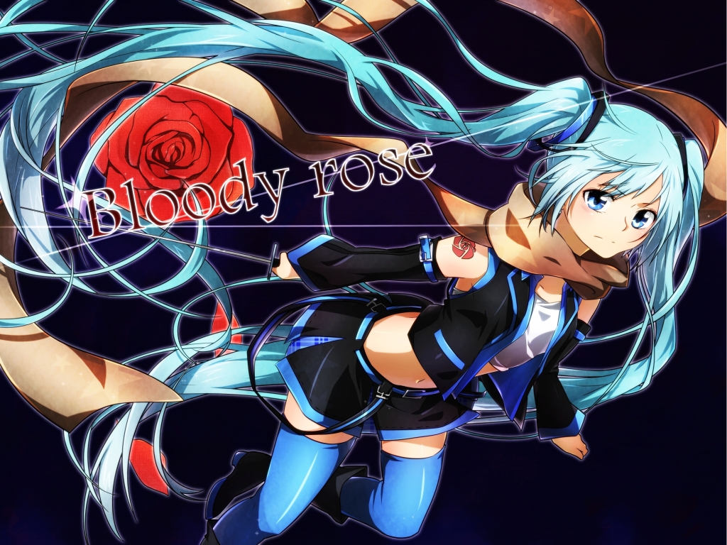 bad_id bad_pixiv_id bare_shoulders blue_eyes blue_hair detached_sleeves flower hatsune_miku long_hair navel red_flower red_rose rose sakuragi_ren scarf solo sword thighhighs twintails very_long_hair vocaloid weapon zettai_ryouiki