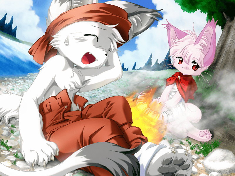 campfire cat cute embarrassed feline female fire lick=zack male run=turn tail_tales unbuttoned