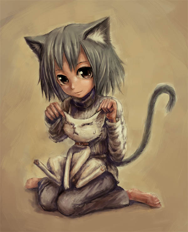 black_hair brown_eyes cat cat_ears catgirl collar feline female feral hair mammal tail unknown_artist