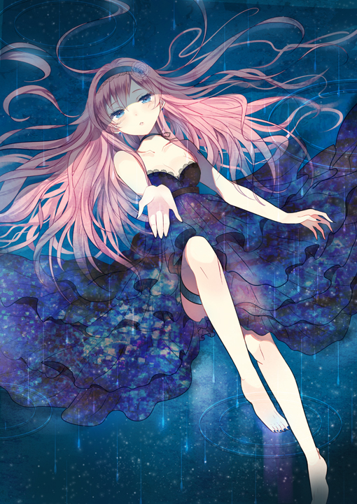 bare_legs bare_shoulders barefoot blue_eyes domotolain dress hairband leg_lift long_hair lying megurine_luka on_back outstretched_hand pink_hair rain solo thigh_strap vocaloid water