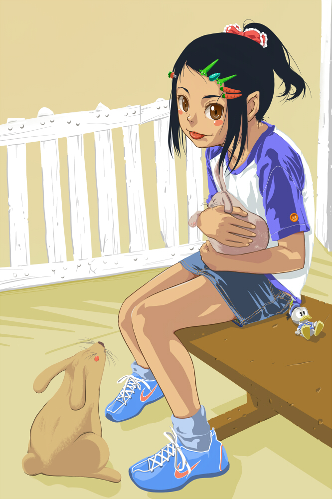 :p black_hair blush_stickers bow brown_eyes bunny carrot carrot_hair_ornament child denim denim_skirt donald_duck food_themed_hair_ornament hair_bow hair_ornament hairpin legs motoi_hiroumi nike original ponytail raglan_sleeves shoes sitting skirt sneakers socks solo tongue tongue_out