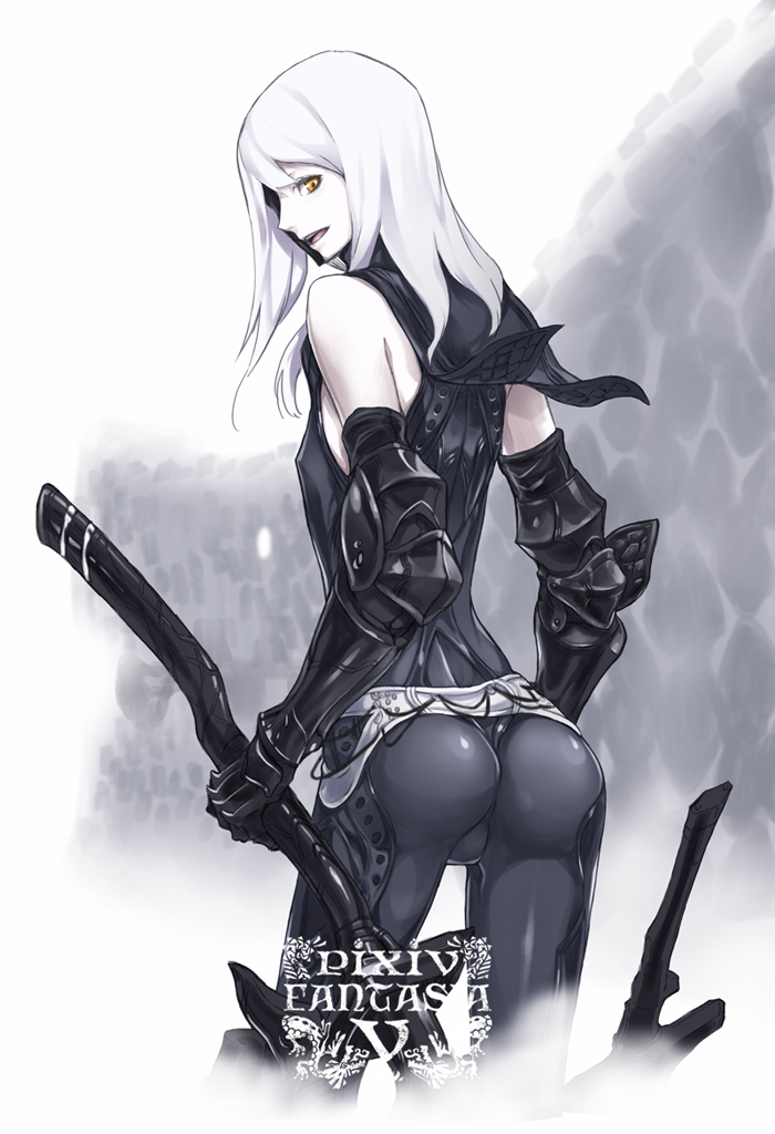 armor ass bare_shoulders flat_chest fog fortmaster_cleska from_behind gauntlets ishinarimaru_shouten long_hair looking_back mask open_mouth pale_skin pixiv_fantasia pixiv_fantasia_5 polearm solo sword weapon white_hair yellow_eyes