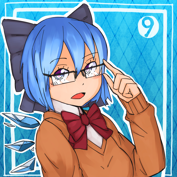 1girl bad_id bad_pixiv_id bespectacled blue_hair bow cirno glasses hair_bow nosuku purple_eyes short_hair solo touhou wings