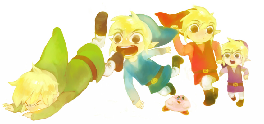 bad_id bad_pixiv_id black_eyes blonde_hair company_connection crossover kirby kirby_(series) link male_focus multiple_boys multiple_persona pointy_ears smile tetsu_(teppei) the_legend_of_zelda the_legend_of_zelda:_four_swords toon_link
