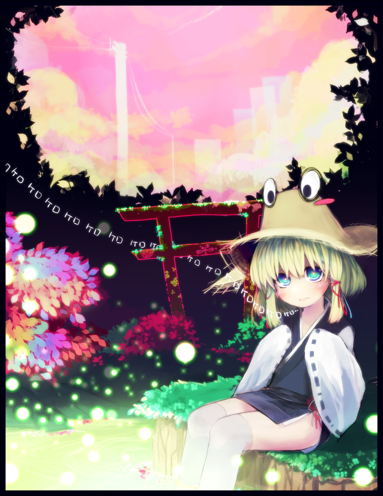 adapted_costume bad_id bad_pixiv_id blonde_hair blue_eyes blush glowing goose_h hat japanese_clothes moriya_suwako multicolored multicolored_eyes nature no_nose power_lines short_hair side_slit sleeves_past_wrists soaking_feet solo thighhighs torii touhou water white_legwear