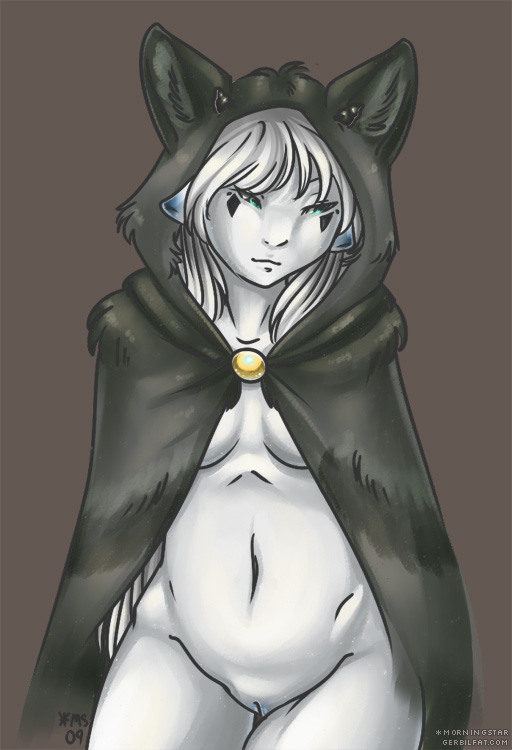 bottomless breasts canine cute female fursuit giselle horns morningstar nude open_shirt pussy solo wolf wolf's_clothing wolf_cloak