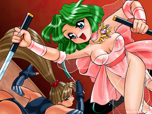 2girls 90s battle black_leotard blue_eyes bow breasts brown_hair choker dagger dated dominatrix duel ellis_(toushinden) fingernails gloves green_hair happy holding holding_dagger holding_weapon huge_bow jewelry leotard long_hair medium_breasts mizuki_hitoshi multiple_girls necklace open_mouth pink_bow pink_choker pink_leotard ponytail red_background ribbon see-through see-through_sleeves short_hair sofia_(toushinden) toushinden weapon whip wrist_cuffs