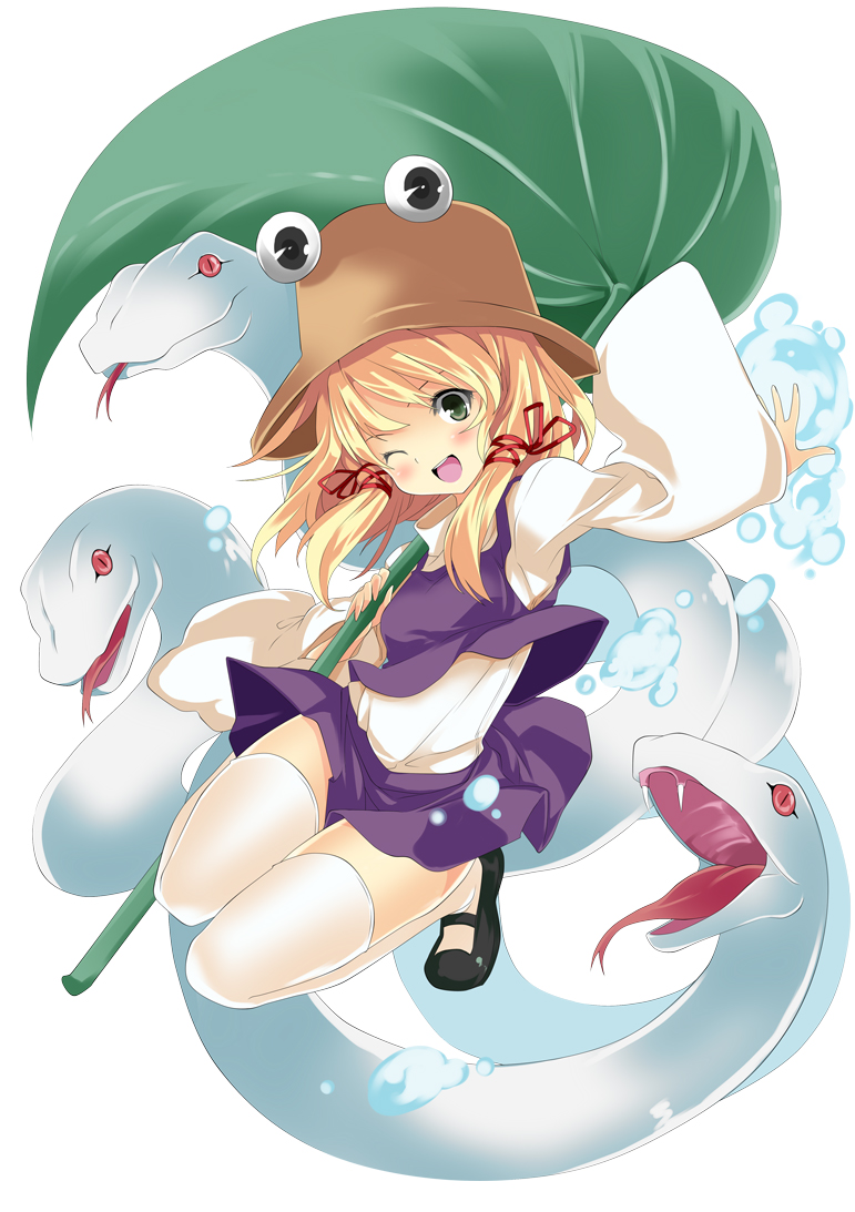 :d blonde_hair blush eyes full_body gintarou_(kurousagi108) green_eyes hair_ribbon hat jumping lily_pad mary_janes mishaguji moriya_suwako one_eye_closed open_mouth ribbon shoes short_hair simple_background skirt smile snake solo thighhighs touhou white_legwear zettai_ryouiki