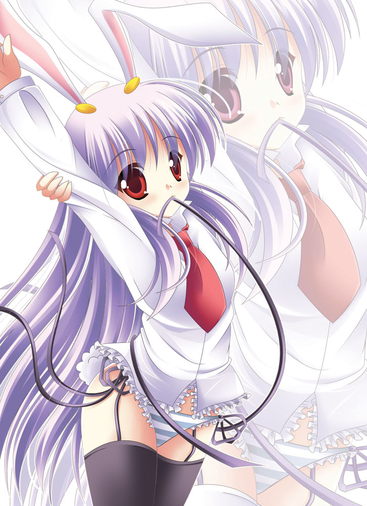 alternate_color animal_ears arms_up bad_id bad_pixiv_id black_legwear blush bunny_ears bunny_tail cowboy_shot dress_shirt garter_straps junna mouth_hold necktie no_pants panties purple_hair red_eyes reisen_udongein_inaba ribbon ribbon_in_mouth shirt solo stretch striped striped_panties tail thighhighs touhou underwear white_shirt zoom_layer