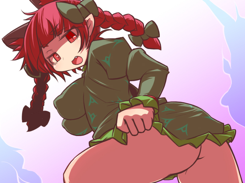 animal_ears ass bow braid breasts cat_ears covered_nipples dress fang hair_ornament hakika impossible_clothes impossible_dress kaenbyou_rin large_breasts long_hair no_bra no_panties open_mouth puffy_nipples red_eyes red_hair skirt skirt_lift smile solo touhou twin_braids