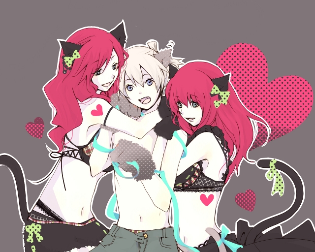 1boy 2girls animal_ears blue_eyes bra cat_ears cat_tail devola female gloves green_eyes hug long_hair male midriff miniskirt multiple_girls nier nier_(character) open_mouth panties pants popola red_hair shio_(babbi13) short_hair siblings silver_hair sisters skirt tail tattoo twins underwear