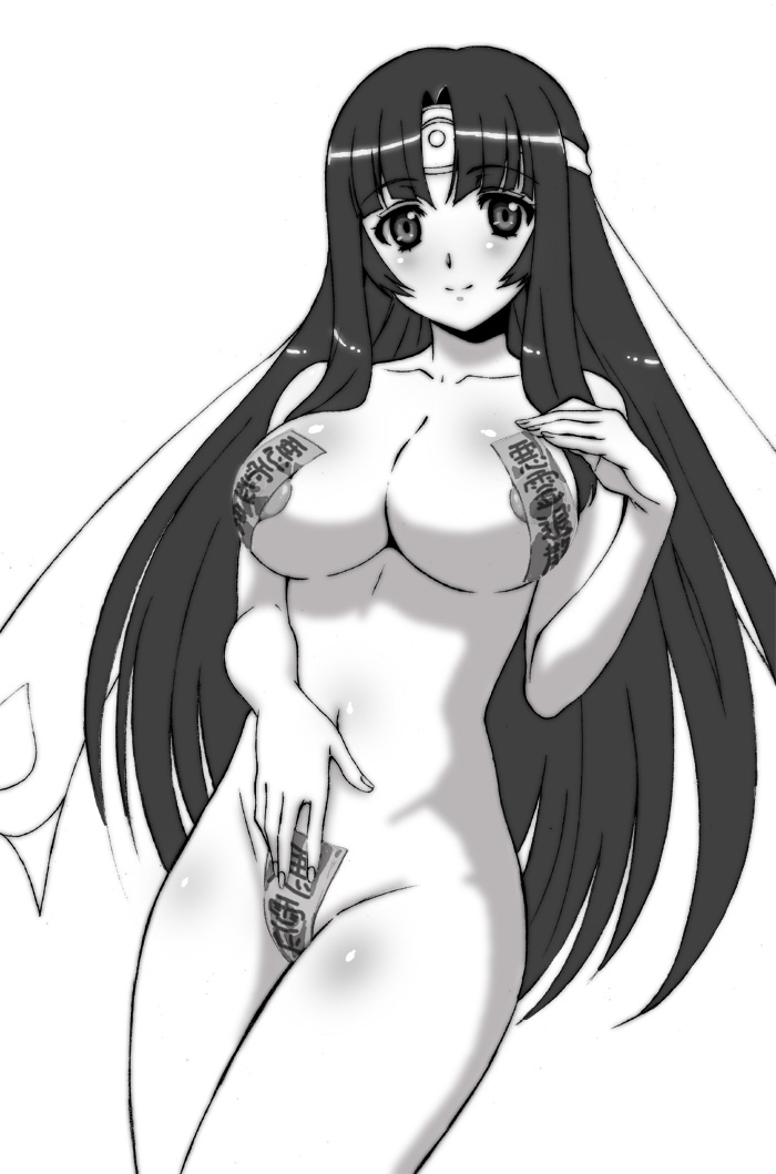 areola_slip areolae bangs black_hair blush body_blush breasts cowboy_shot groin hand_on_own_chest hand_on_own_stomach headband light_smile long_hair looking_at_viewer maebari makinaru monochrome navel nude ofuda parted_bangs pasties queen's_blade sidelocks simple_background smile solo standing tomoe translation_request very_long_hair