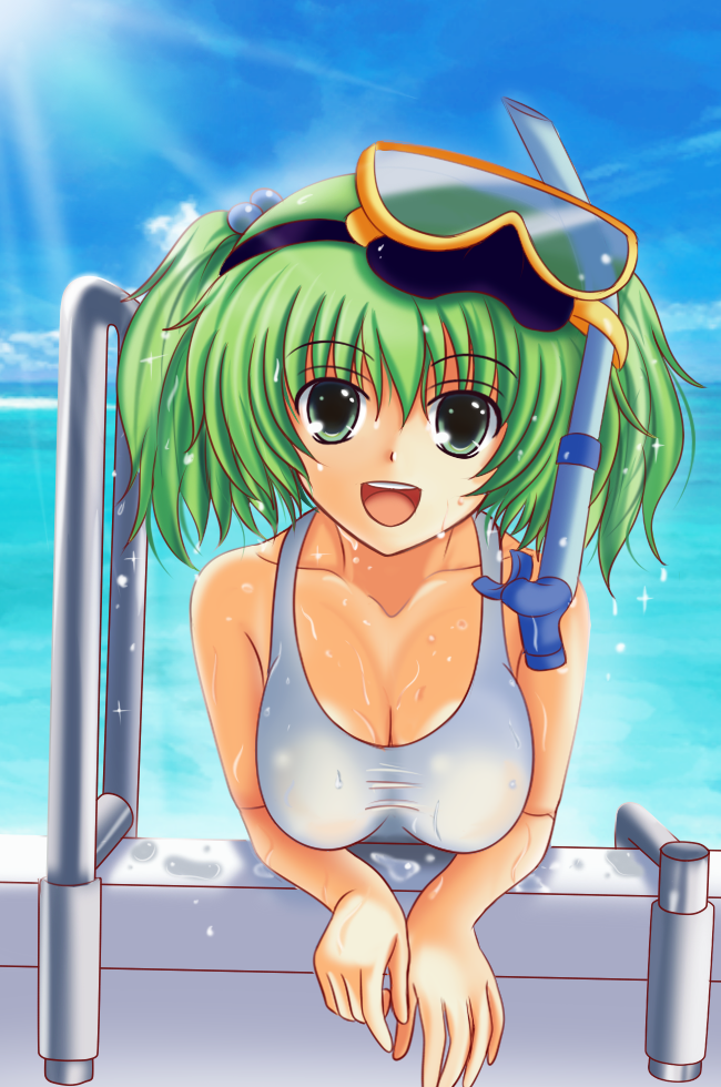 breasts cleavage diving_mask green_eyes green_hair kisume kurowana large_breasts long_hair older one-piece_swimsuit solo swimsuit touhou twintails wet