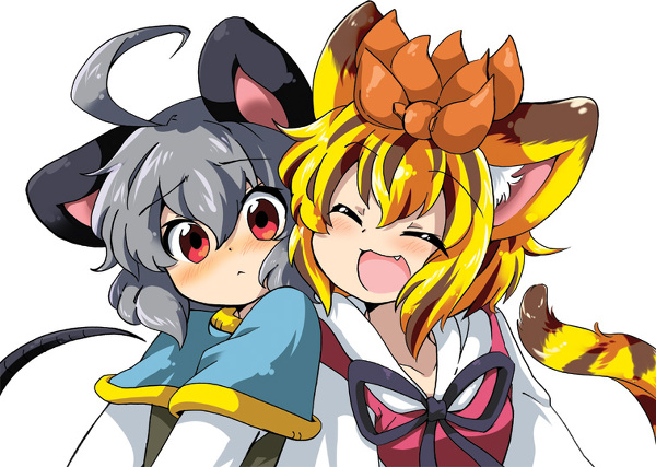:&lt; :3 ahoge animal_ears blonde_hair brown_hair capelet closed_eyes eromame fang grey_hair image_sample kemonomimi_mode md5_mismatch mouse_ears mouse_tail multicolored_hair multiple_girls nazrin open_mouth pixiv_sample red_eyes short_hair simple_background smile tail tiger_ears tiger_tail toramaru_shou touhou two-tone_hair upper_body