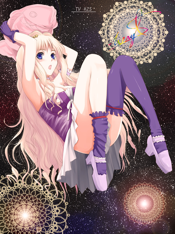 armpits arms_up asymmetrical_clothes blue_eyes breasts long_hair long_legs macross macross_frontier niwatori_kokezou open_mouth purple_legwear sheryl_nome small_breasts solo star thighhighs