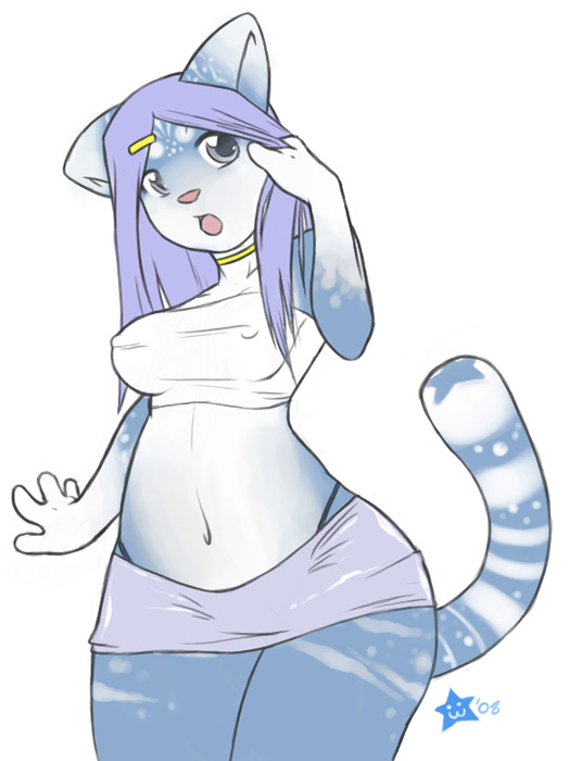 2008 :o blue blue_hair breasts choker feline female grey_eyes hair long_hair looking_at_viewer open_mouth skimpy solo spots standing stripes sukebepanda thighs tight_clothing white white_background wide_hips