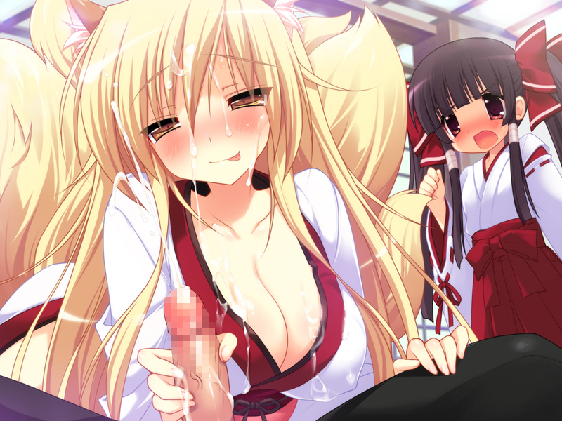 2girls animal_ears bad_id bad_pixiv_id black_hair blonde_hair blush bow breasts censored cleavage covered_nipples cum cum_on_body cum_on_breasts cum_on_clothes cum_on_upper_body emily_(pure_dream) facial hair_bow handjob hetero japanese_clothes large_breasts long_hair miko multiple_girls naughty_face open_mouth original penis smile tail tongue