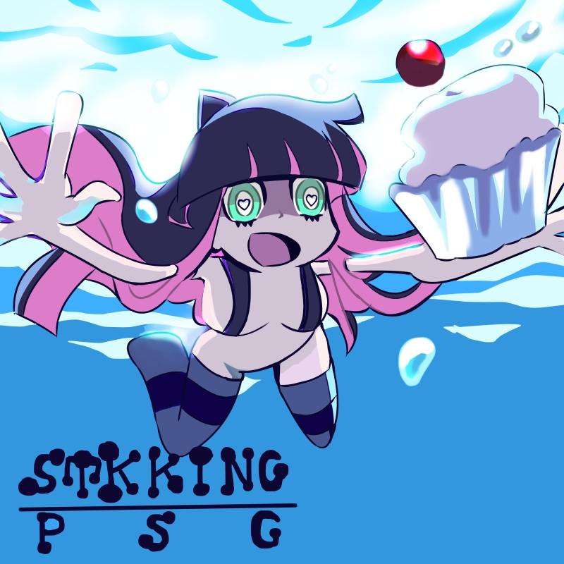 cake censored convenient_censoring covering english female food green_eyes heart long_hair multicolored_hair nevermind nirvana_(band) nude nude_cover open_mouth panty_&amp;_stocking_with_garterbelt parody pink_hair purple_hair solo stocking_(character) stocking_(psg) underwater very_long_hair