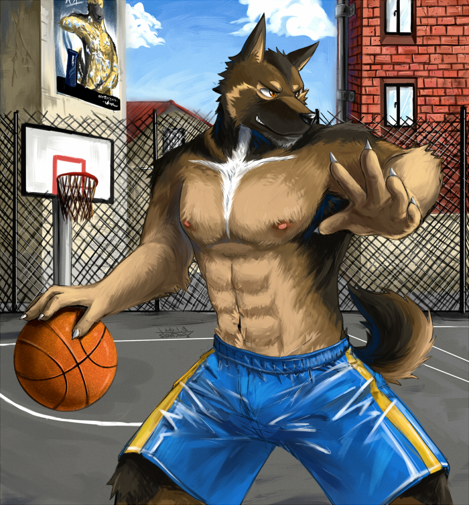 amber_eyes as40728 basket basketball basketball_hoop black_nose canine claws clothing dog grin male mammal manly navel nipples shorts smile solo sport sports teeth topless virility