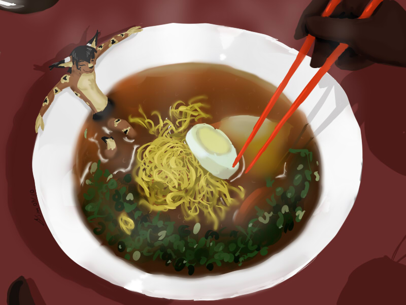 adorable bath bowl carrot chives chopsticks cute eating egg eyes_closed feline food hand happy herbs in kyuushi lynx male mammal mi micro mini noodles of ramen relaxing shadow sitting solo soup vore vore_implications
