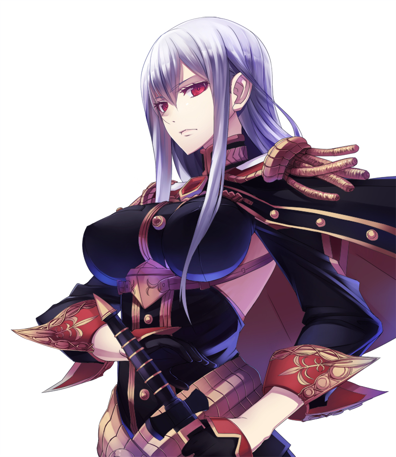 breasts cape epaulettes gloves impossible_clothes large_breasts long_hair military military_uniform pen_(steelleets) red_eyes selvaria_bles senjou_no_valkyria silver_hair simple_background solo sword uniform weapon white_background