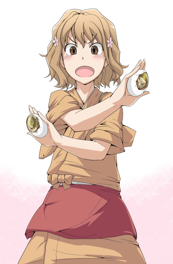 amayasan bad_id bad_pixiv_id balut blush brown_eyes brown_hair closed_eyes flower food hair_flower hair_ornament hanasaku_iroha japanese_clothes kissuisou_uniform matsumae_ohana nakai_(waitress) open_mouth short_hair solo