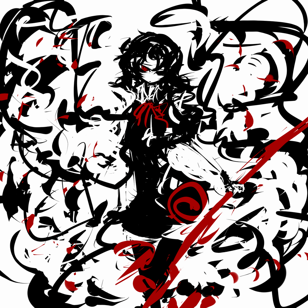 abstract bad_id bad_pixiv_id black_hair f7(eiki) houjuu_nue polearm red_eyes short_hair solo touhou trident weapon wings