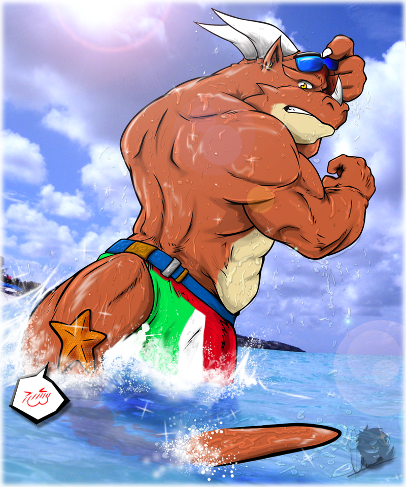 beach blush claws dragon fangs grin horns looking_at_viewer male muscles reptile scalie seaside solo standing sunglasses swimsuit tail timberwolfmax water wet yellow_eyes