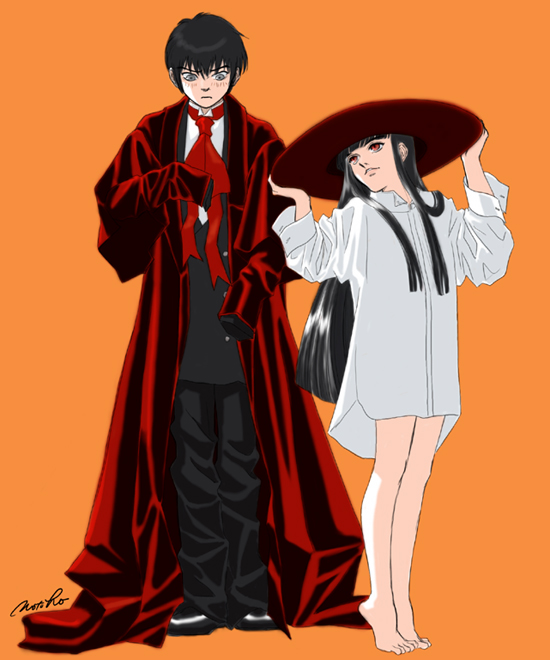 1girl alucard_(hellsing) bangs bare_legs barefoot black_hair black_pants blunt_bangs borrowed_garments bottomless closed_mouth coat collared_shirt dress_shirt frown genderswap genderswap_(mtf) girlycard grey_eyes hand_on_headwear hands_up hat hellsing hellsing:_the_dawn long_hair long_sleeves looking_back looking_down moto_ho naked_shirt necktie open_clothes open_coat orange_background oversized_clothes pants parted_lips red_eyes red_hat shirt signature simple_background sleeves_past_wrists standing straight_hair tiptoes trench_coat walter_c_dornez white_shirt wing_collar younger