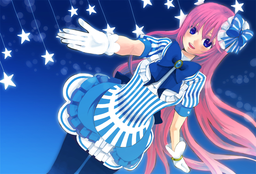 bad_id bad_pixiv_id blue_eyes bow dress fraulein_(module) gloves hair_ornament long_hair megurine_luka pantyhose pink_hair project_diva_(series) project_diva_2nd short_dress smile solo tohu vocaloid