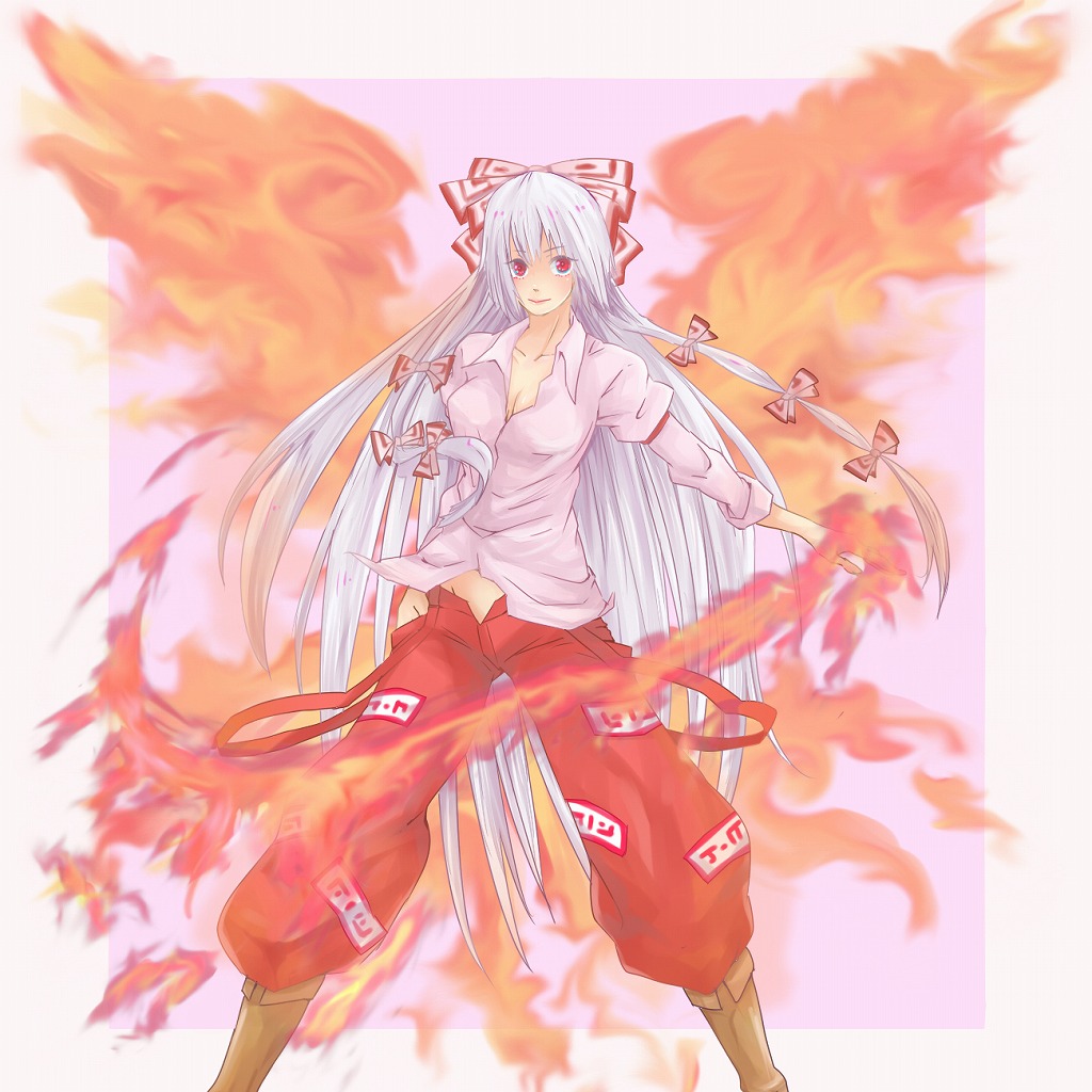 asuka_(ppppink8) fiery_wings fire fujiwara_no_mokou solo touhou wings