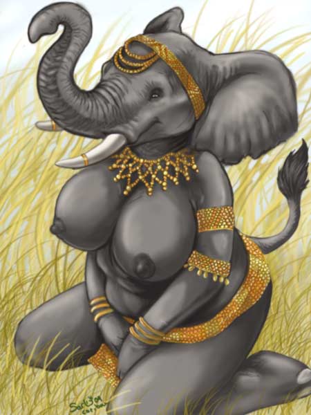 africa big_breasts breasts caribou_(artist) elephant female grass grey jewelry kneeling nude raised_trunk sara_palmer solo tribal tusks