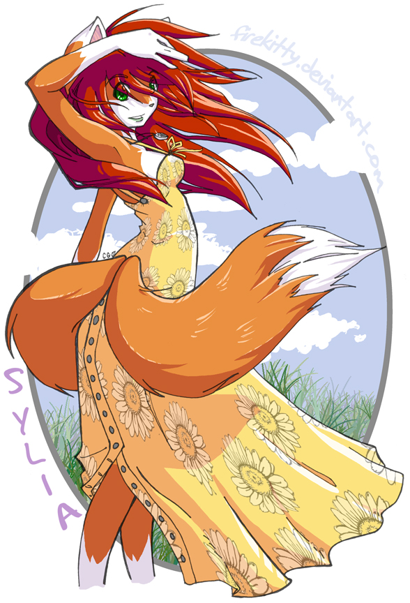2007 canine clothed dress female field firekitty fox green_eyes hair long_hair long_red_hair multiple_tails orange outside red_hair solo sylia tail white