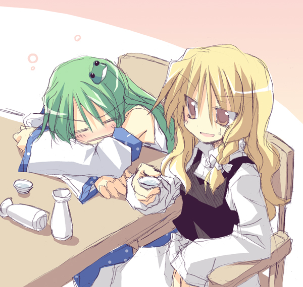 alcohol blonde_hair blush bottle brown_eyes choko_(cup) closed_eyes commentary_request cup drink frog green_hair hair_ornament hat kirisame_marisa kochiya_sanae long_hair multiple_girls sake satou_kibi tokkuri touhou witch_hat