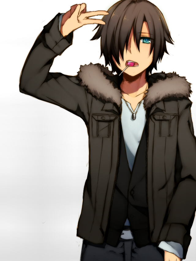 black_hair blue_eyes candy gradient gradient_background hair_over_one_eye jacket jewelry lollipop male male_focus mouth_hold necklace open_mouth original shirotaka_(5choume) shirotaka_(akrrkm) short_hair solo v white_background