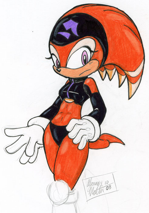 2008 alonzo_martin bandanna female huge_hands mobian orange pinup pose shade_the_echidna skimpy solo sonic_(series) standing unfinished wide_hips